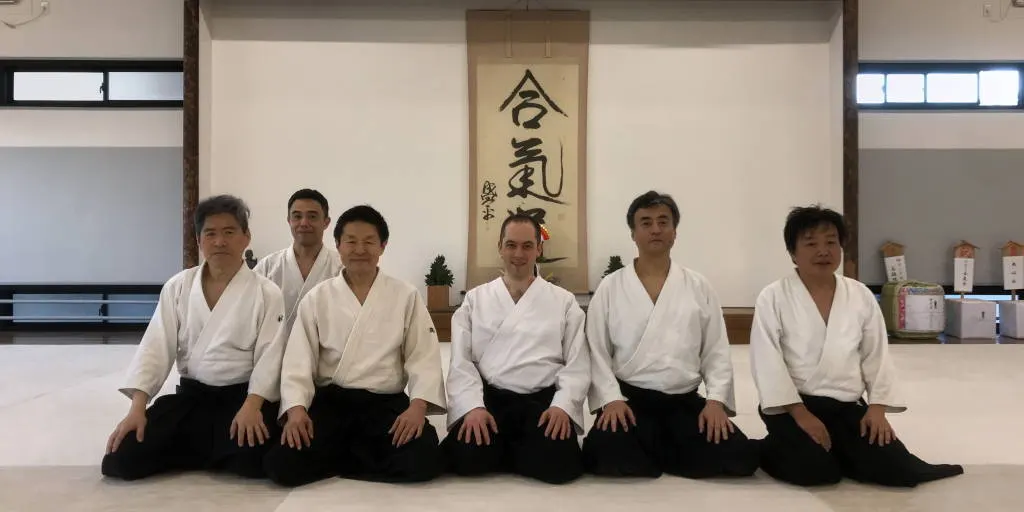 Six aikidoka sitting in seiza in front of a calligraphy scroll in an aikido dojo