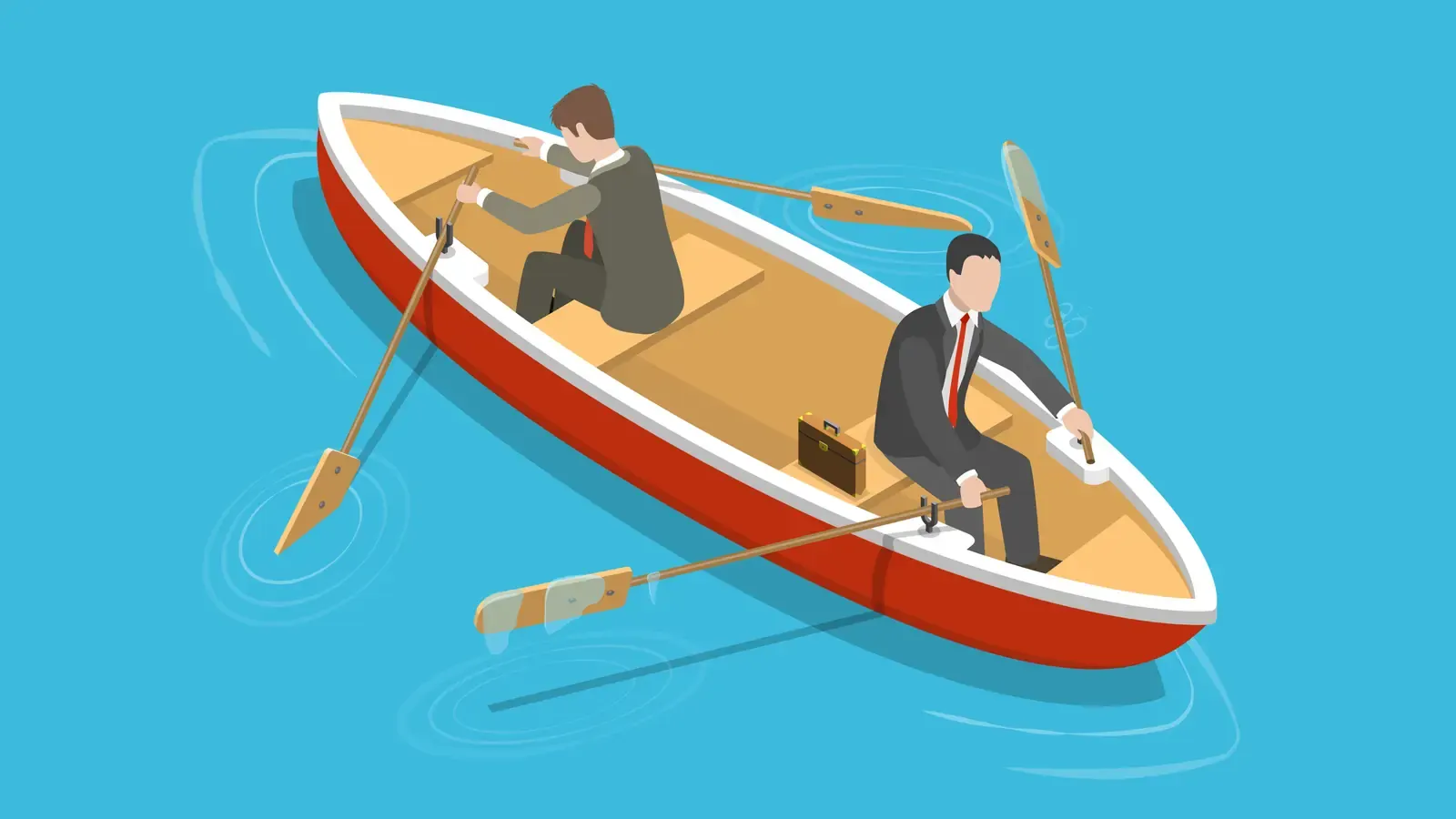 Illustration: Two men in a rowing boat rowing in opposite directions.