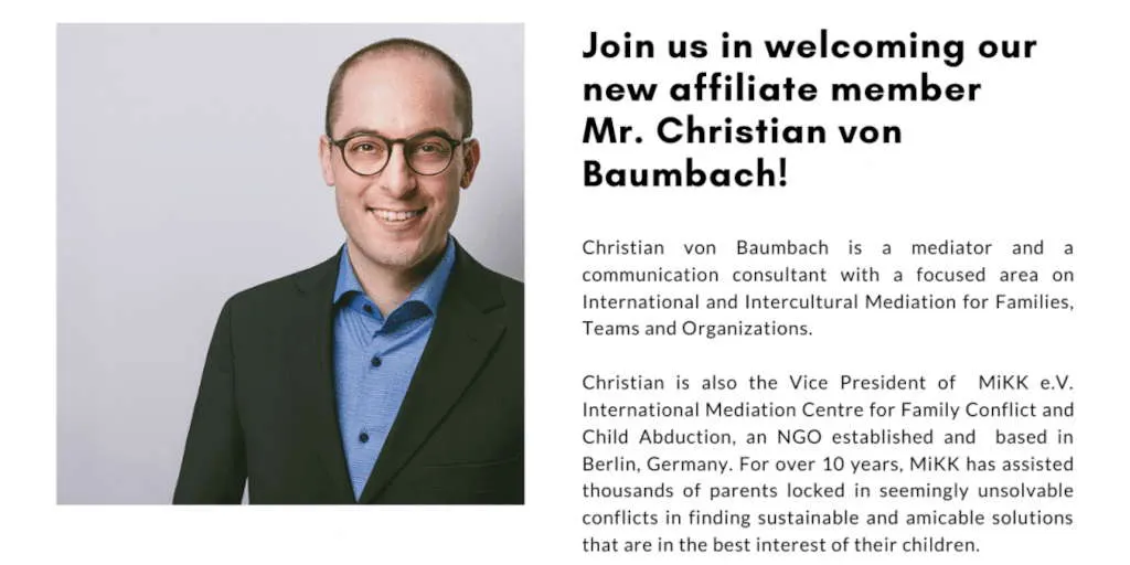Announcement by PracticeForte Advisory welcoming Christian von Baumbach as a new affiliate member, with portrait photo
